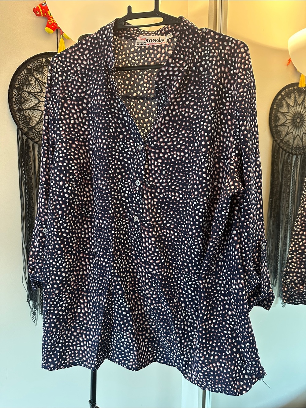 Navy Blue Polka-Dot Button Front Women’s Blouse
